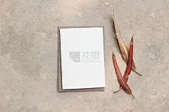 夏季婚礼文具模拟场景。空白贺卡，附有手工信封的请柬和干红色桉树叶。优雅的米色大理石背景在阳光下，阴影