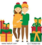 Young family. A pregnant woman hugs a child in her belly, the husband embraces his wife. They are surrounded by gifts for the holidays. Happy Holidays. Merry Christmas. Vector illustration.