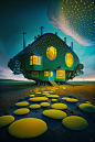Midjourney AI art. Fantasy lonely house in surreal fantasy landscape with shrooms, mushrooms, fungus, sparkling glittering tranquility #midjourney #aiart #generativeart #landscapeart #landscape #landscapephotograph #fantasyart