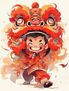 舞狮少年水彩插画喜庆海报