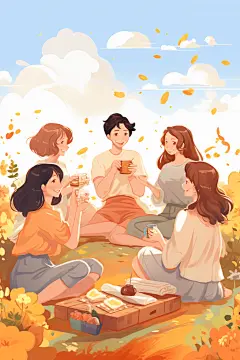 学生放暑假旅游漫画风插画