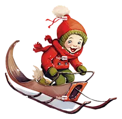 手绘儿童雪橇儿童雪橇骑行红色夹克绿色围巾红色裤子-孩子快乐地骑红色雪橇与冬季装备