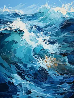 蓝色的大海油画风格海报-图巨人