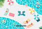 蓝色波纹海水 遮阳伞 比基尼美女 游泳圈 躺椅 夏日主题插画设计PSD_平面设计_绘画插图