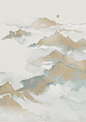 山峦云雾夕阳手绘插画