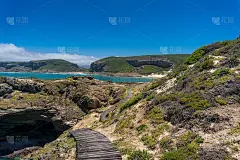 通往海滩的蜿蜒木路。户外沿海背景