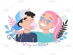 微笑的女孩和男孩的肖像。快乐的朋友互相拥抱。快乐的友谊日。