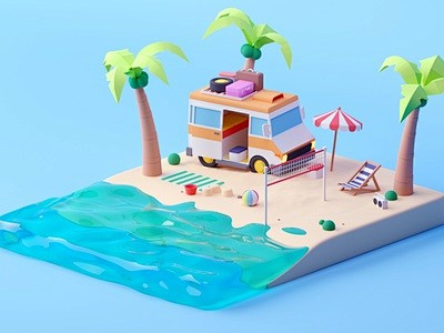 海滩卡通等距房间海滩游戏设计插图lowp...
