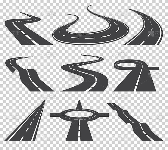 曲线道路向量集。沥青路面或道路及弯道公路。有标记的弯曲道路或公路