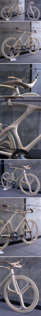 武藏野今年的一件毕业作品，由Yojiro Oshima设计的全木质结构自行车！设计的结构完全摆脱了传统木质自行车的厚重感，给人的反倒是一种柔美的有机形态感和动感。木材的天然肌理，在这种形态的映衬下，更为有趣。实在是件不可多得的毕业设计佳作！