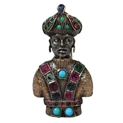 Italian Blackamoor Gold Silver Jeweled Brooch C 1950