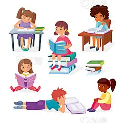 Kids learning education concept. Little girls sitting and boy laying with books. Children’s intellectual hobby. Smart clever child. Vector illustration, cartoon flat style.Kids learning education concept. Little girls sitting and boy laying with books. Ch