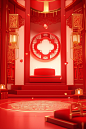 Red oriental oriental room with golden frame and red floor, in the style of luminous 3d objects, playful geometrics, xmaspunk, light red and white, joong keun lee, contest winner, festive atmosphere