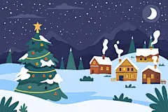 卡通圣诞节小镇社区房屋房子街道平安夜圣诞树雪景插画ai设计素材-淘宝网