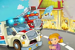 卡通场景中，在城市中有救护车驾驶着穿过城市去救火，事故中有消防队帮助人们