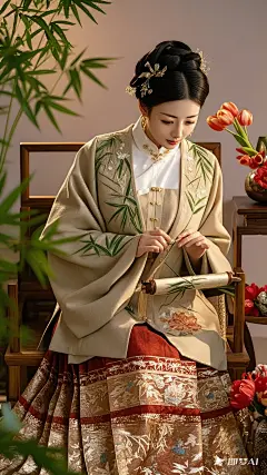 穿着新中式重工竹叶立体珠绣羊毛西装搭配国风郁金香浮雕织金提花马面裙，浪漫演绎中式氛围感穿搭(7)