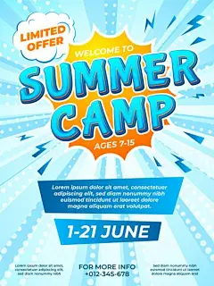 夏令营海报。 儿童之旅，露营漫画风格的传单。 学校孩子度假广告小册子设计，有趣的冒险最近向量模板 - 海报背景 幅插画文件、美工图案、卡通及图标