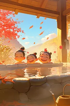 手绘泡温泉人物插画