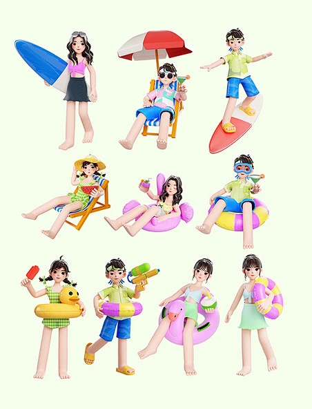 3d立体夏季夏天海边度假人物合集-花瓣网