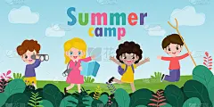 儿童夏令营背景教育广告宣传册或海报模板，快乐的孩子做露营活动，海报传单模板，你的文字，矢量插图