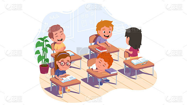 女生们，男生们在课堂上放松，享受课间休息。孩子们坐在桌子前做鬼脸，大笑，打盹，学习。童年，教育，学校
