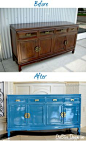 Lacquered Credenza before & After. Sherwin Williams loch blue. Credenza inspo.