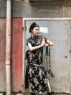 vintage中古孤品霸龙长款稀有暗黑龙纹旗袍唐装短袖连衣裙-淘宝网