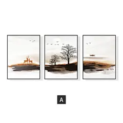 北欧风格装饰画客厅卧室书房沙发背景墙挂画手绘油画麋鹿三联壁画