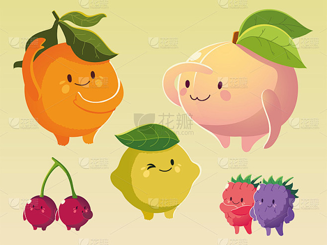 水果，卡哇伊，滑稽的脸，幸福，卡通的橘子，桃子，柠檬，黑莓和樱桃