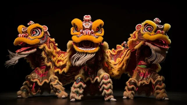 点击来源直接获取大图文件 |一场宏伟的中国舞狮表演，服装和动作复杂精妙 生成式人工智能-花瓣网