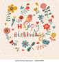 Beautiful happy birthday greeting card with flowers and bird. Vector party invitation with floral elements. - stock vector