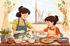 冬至食品饺子卡通一家人团聚包饺子插画