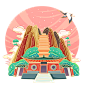 国风PNG素材红日山峰门