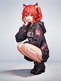 02007-1880230749-1girl,solo, catgirl, squatting, hand on own face, hoodie, hood down, red hair, heterochromia, smile, open mouth, white backgroun