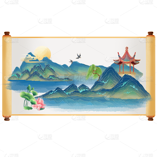 手绘园林卷轴元素4