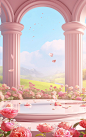 an idyllic fantasy fantasy interior with pillars and flowers, in the style of minimalist stage designs, light red and light pink, pastoral scenes, colourful, childlike innocence, lifelike renderings, uhd image