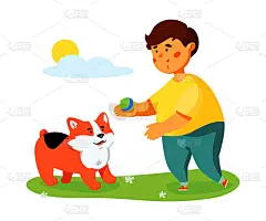 小男孩与狗一起玩——色彩斑斓的平面插画设计风格