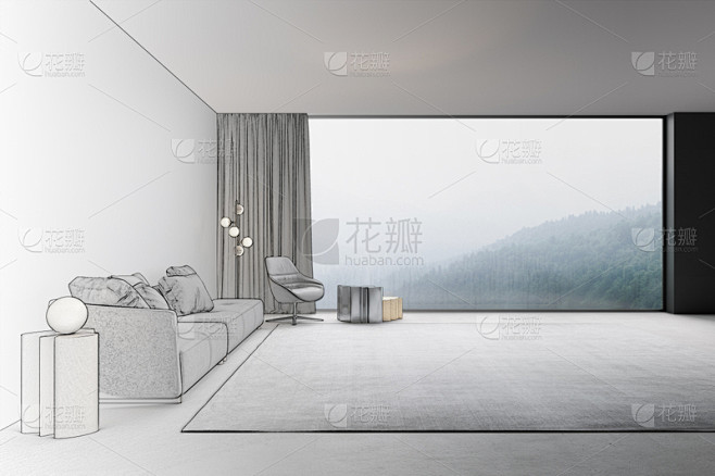 室内,起居室,雾,透过窗户往外看,绘画插图,新的,家庭生活,天花板,家具