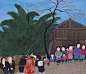 【日本著名画家原田泰治作品欣赏】
—— 婚礼
胜山市平泉寺町，1983年
为了观看一场传统的婚礼，原田泰治特意来到了胜山市壁仓村。按照当地习俗，新娘要在婚宴开始前，向婆家致辞。雨后的道路两旁站满了亲朋好友，街坊四邻也都过来了。新娘正俯身鞠躬，等待着新郎一家的到来。