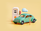 Vintage Beetle In Gasoline Station udhaya illustration timeless shell petrol wagon cloud yellow gasoline car beetle vintage