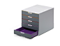 Varicolor is a box with colourful drawers made of premium-quality plastics. When the drawer fronts are closed, slender coloured lines – in the same hue that highlights the inside of the respective drawer – serve as organisation and orientation aids. The s