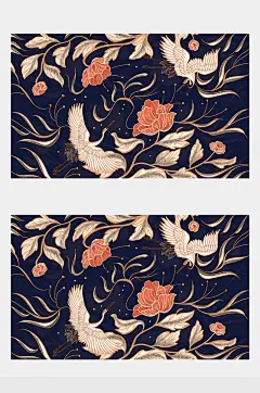 手绘插画中国风仙鹤牡丹花朵背景