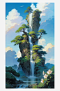 AI数字艺术二次元瀑布风景场景插图-众图网