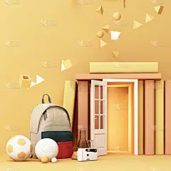 回到学校，灵感，海报与教育设备和门打开在书塔。三维渲染
