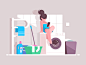 Girl using smartphone in bathroom kit8 flat vector illustration character machine washing woman bathroom smartphone girl