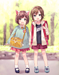 idolmaster idolmaster cinderella girls maekawa miku tada riina hild fukahire high resolution 2girls animal ears backpack bag blush brown hair child :d fang green eyes holding hands hood hoodie kindergarten uniform mary janes multiple girls name tag nekomi