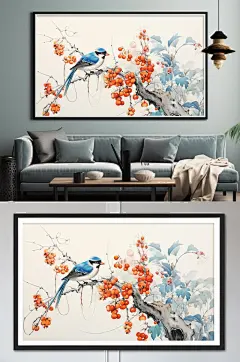 写意喜鹊水墨插画柿子好事发生装饰画