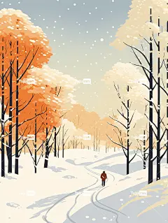 一个人在白雪覆盖的森林中行走海报