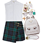 A fashion look from August 2016 featuring white cotton blouse, wool plaid skirt and white canvas sneakers. Browse and shop related looks.