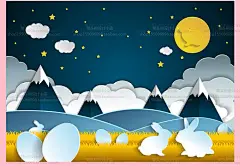 创意卡通儿童手绘小兔子插画彩虹月亮草地剪纸风格矢量VI设计素材-淘宝网